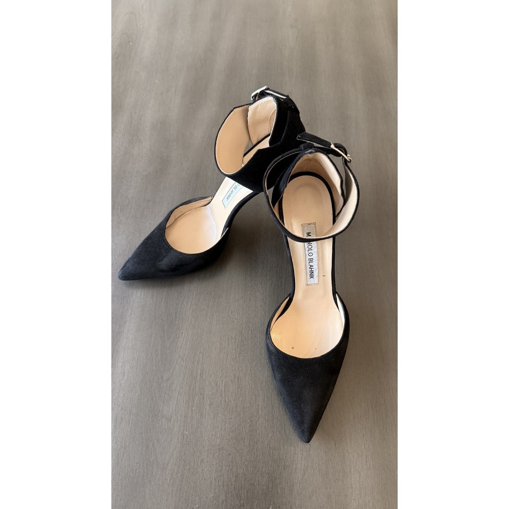 Manolo Blahnik Shoes Womens Size 6.5 Black Suede D'Orsay Ankle Strap Heels Pumps